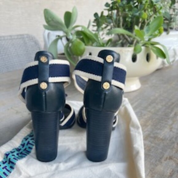 Tory Burch Laurie Criss Cross Elastic High Heel Sandal Navy Blue Size 7 - Picture 7 of 9